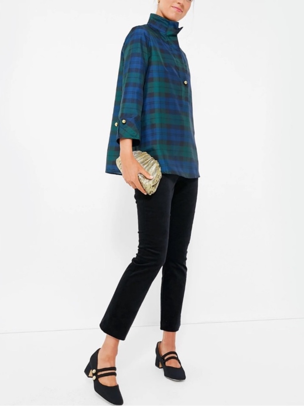 Tuckernuck Celine French Cuff Tartan Plaid Tunic Blouse Gold Button Preppy Sz S